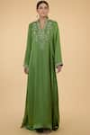 Shop_Talking Threads_Green Modal Satin Round Embroidered Kaftan  _Online_at_Aza_Fashions