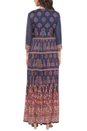 Shop_Soup By Sougat Paul_Blue Chiffon, Satin V Neck Printed Jacket Pant Set _at_Aza_Fashions