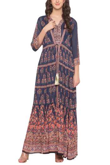 Soup By Sougat Paul_Blue Chiffon, Satin V Neck Printed Jacket Pant Set _Online_at_Aza_Fashions