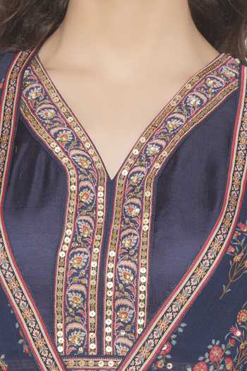Shop_Soup By Sougat Paul_Blue Chiffon, Satin V Neck Printed Jacket Pant Set _Online_at_Aza_Fashions