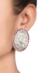 Shop_Sangeeta Boochra_Silver Plated Stones, Metallic Thread Carved Stud Earrings _at_Aza_Fashions