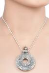 Shop_Sangeeta Boochra_Silver Plated Metal Carved Pendant Necklace_at_Aza_Fashions