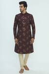 Buy_Nautanky_Maroon Silk Jacquard Sherwani Set _at_Aza_Fashions