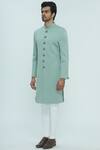 Nautanky_Blue Slub Suede Textured Sherwani Set _Online_at_Aza_Fashions