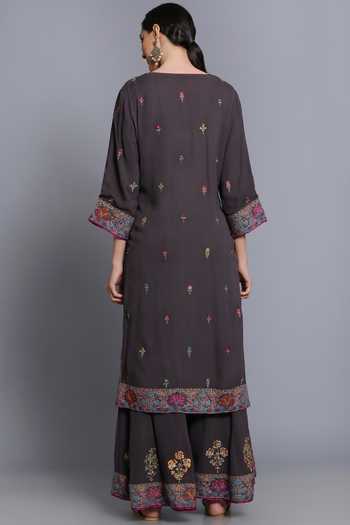 adorable black poly georgette embroidered kurta set