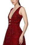 Ohaila Khan_Maroon Organza V Neck Embroidered Gown _Online_at_Aza_Fashions
