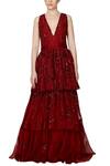 Buy Ohaila Khan Maroon Organza V Neck Embroidered Layered Gown at Aza Fashions Buy_Ohaila Khan_Maroon Organza V Neck Embroidered Layered Gown _at_Aza_Fashions