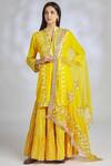 Gopi Vaid_Yellow Cotton, Chiffon, Tussar Silk Band Collar Embellished Kurta Set_Online_at_Aza_Fashions