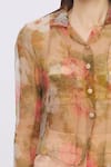 Shehlaa Khan_Beige Organza Shirt Stand Fall Collar Crop Top Sweetheart Printed Pant Set _at_Aza_Fashions