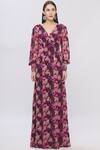 Buy_Shehlaa Khan_Purple Georgette V Neck Printed Maxi Dress _Online_at_Aza_Fashions