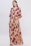 Buy_Shehlaa Khan_Beige Satin V Neck Printed Kaftan Dress _at_Aza_Fashions