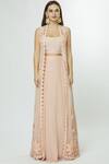 Mishru_Peach Georgette Chanderi Jacket Lehenga Set_Online_at_Aza_Fashions