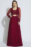 Buy_Mishru_Maroon Georgette Embroidered Jacket Lehenga Set_at_Aza_Fashions