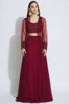 Mishru_Maroon Georgette Embroidered Jacket Lehenga Set_Online_at_Aza_Fashions