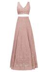 Shop_Pleats By Kaksha And Dimple_Pink Kasturi Crepe V Neck Embroidered Lehenga Set_Online_at_Aza_Fashions