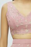 Pleats By Kaksha And Dimple_Pink Kasturi Crepe V Neck Embroidered Lehenga Set_at_Aza_Fashions