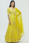 Pleats by Kaksha & Dimple_Yellow Kasturi Crepe Embroidered Kurta Lehenga Set_Online_at_Aza_Fashions
