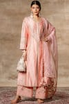 Buy_Ajiesh Oberoi_Peach Chanderi Mandarin Collar Embroidered Kurta Palazzo Set _at_Aza_Fashions