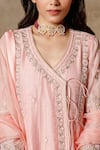 Ajiesh Oberoi_Peach Organza V-shaped Embroidered Kurta Palazzo Set _at_Aza_Fashions