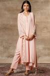 Buy_Ajiesh Oberoi_Peach Georgette Mandarin Collar Embroidered Kurta Set _at_Aza_Fashions