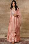 Buy_Ajiesh Oberoi_Peach Chanderi V-shaped Embroidered Anarkali Set _at_Aza_Fashions