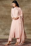Ajiesh Oberoi_Peach Georgette Band Collar Embroidered Kurta Set _Online_at_Aza_Fashions