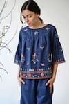 Buy_Umbar_Blue Cotton Linen Wide Neck Embroidered Top  _Online_at_Aza_Fashions