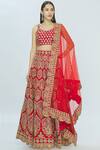 Vandana Sethi_Red Dupion Raw Silk Round Embroidered Bridal Lehenga Set_Online_at_Aza_Fashions