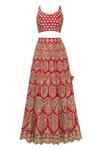 Buy_Vandana Sethi_Red Dupion Raw Silk Round Embroidered Bridal Lehenga Set_Online_at_Aza_Fashions