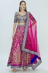 Vandana Sethi_Blue Dupion Raw Silk Leaf Neck Embroidered Bridal Lehenga Set _Online_at_Aza_Fashions