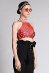 Buy_Shivan & Narresh_Red Diamond Weave Jersey Printed Crop Top_Online_at_Aza_Fashions