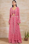 Sana Barreja_Pink Georgette Blouse Sweetheart Jacket Open Printed Pant Set  _Online_at_Aza_Fashions