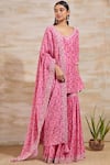 Buy_Sana Barreja_Pink Chanderi V Neck Printed Kurta Sharara Set  _at_Aza_Fashions