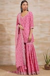 Sana Barreja_Pink Chanderi V Neck Printed Kurta Sharara Set  _Online_at_Aza_Fashions