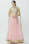 Buy_Megha & Jigar_Pink Chanderi Leaf Neck Lehenga Set_at_Aza_Fashions
