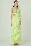 Megha & Jigar_Green Net, Flat Chiffon Round Ruffled Pre-draped Saree Set_Online_at_Aza_Fashions