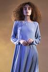 Buy_Abhishek Sharma_Blue Textured Crepe Bateau Draped Cowl Dress _Online_at_Aza_Fashions