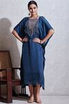 Buy_Ritu Kumar_Blue Crepe, Viscose V Neck Tassel Kaftan_at_Aza_Fashions