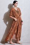 Buy_Ritu Kumar_Beige Crepe, Rayon V Neck Printed Maxi Dress_Online_at_Aza_Fashions
