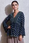 Shop_Ritu Kumar_Blue Rayon V Neck Printed Short Tunic_Online_at_Aza_Fashions