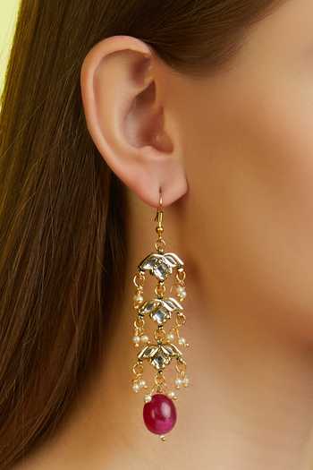 Shop_Just Shradhas_Gold Plated Pearls Kundan Tiered Dangler Earrings _at_Aza_Fashions
