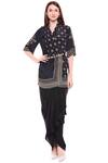 Buy_Soup by Sougat Paul_Black Crepe Printed Floral Flap Lapel Draped Skirt Set _at_Aza_Fashions