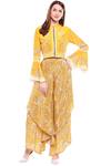 Buy_Soup By Sougat Paul_Yellow Crepe Floral Mandarin Collar Printed Top And Layered Pant Set _at_Aza_Fashions