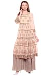 Soup By Sougat Paul_Beige Chiffon, Satin V Neck Printed Kurta Palazzo Set _Online_at_Aza_Fashions
