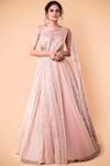 Buy_Tarun Tahiliani_Peach Foil Crinkle V Neck Draped Lehenga Set _at_Aza_Fashions