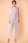 Buy_Tarun Tahiliani_White Foil Crinkle V Neck Draped Jumpsuit _at_Aza_Fashions