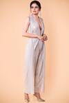 Tarun Tahiliani_White Foil Crinkle V Neck Draped Jumpsuit _Online_at_Aza_Fashions