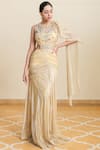 Buy_Tarun Tahiliani_Yellow Foil Crinkle Round Pre-draped Saree Gown _at_Aza_Fashions