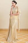 Tarun Tahiliani_Yellow Foil Crinkle Round Pre-draped Saree Gown _Online_at_Aza_Fashions