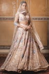 Tarun Tahiliani_Peach Tulle V Neck Embroidered Lehenga Set _Online_at_Aza_Fashions